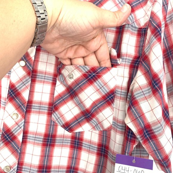 Wrangler M Wrancher Shirt Red Blue Plaid Pearl Snap Button Short Sleeve Collared - Picture 4 of 13